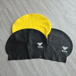 TYR Swim Cap Trio — Black and Yellow Silicone Caps